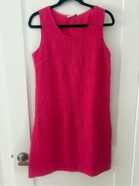 Linen Luv Bright Pink floral embroidered sleeveless sheath dress euro chic small